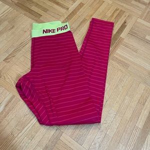 pink nike pro leggings with green waistband size medium